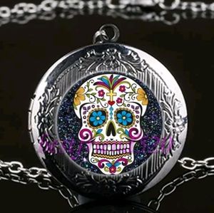 Sugar Skull Glass Cabochon Locket Necklace